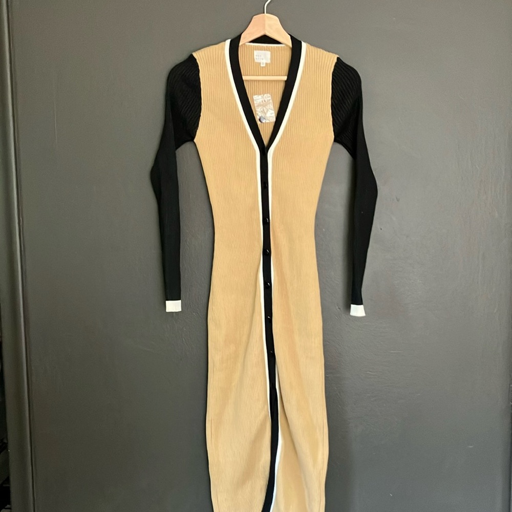 Dee Elly Tan Ribbed Button Up Sweater Dress